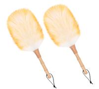 iHUFeather Lot de 2 plumeaux en laine d'agneau pour nettoyage avec poignée en bois massif, sangle de suspension en cuir, plumes naturelles de 37,8 cm pour nettoyer les ventilateurs de plafond, stores