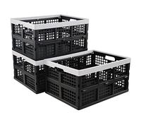 Ikando 3 Pack 30 L Noir Caisse Pliable, Boîte De Rangement Pliable en Plastique, Empilable Caisse Pliante Panier