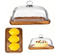 Ikerall 1 présentoir à gâteau rectangulaire en bois avec dôme en verre, petit support d'assiette à gâteau avec cloche en verre transparent, plateau de serveur de gâteau pour cuisine, fêtes