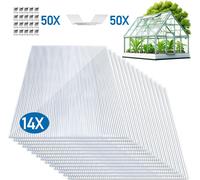 Ikodm, 14 panneaux alvéolaires en polycarbonate de 4 mm, transparents, + 100 clips en acier inoxydable pour serre, surface de 10,25 m²