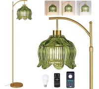 ILLMTW Lampadaire en verre pour salon, chambre à coucher, lampe sur pied moderne du milieu du siècle avec télécommande, laiton à intensité variable, style vintage, tulipe verte, fleur, bohème, bohème