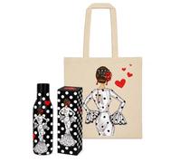 illustrArte Coffret Flamenco Bouteille + Sac Cadiz - María fond noir | Coffret cadeau flamenco assorti, pratique et coloré, idéal comme cadeau, pour un prof de danse ou souvenir d’Espagne.