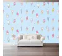 Illustration Cartoon Impression Papier Peint Panoramique, 300 x 210 cm | Papier Peint Intissé de Haute Qualité Mignon Doux Nourriture Glace, Bleu Clair pour Chambre Salon