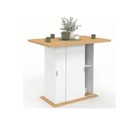 Ilot central 4 personnes PAXTON 110 cm pied central avec rangement bois blanc avec plan de travail façon hêtre