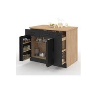 Ilot central ALTO portes avec rangements, tiroirs, rangement coulissant et plan de travail façon hêtre et noir