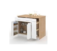 Ilot central ALTO portes avec rangements, tiroirs, rangement coulissant et plan de travail façon hêtre et blanc