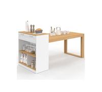Ilot central avec table à manger GARY blanc plateau bois 190x80x90 cm 5 personnes