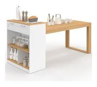 IDMARKET Ilot central avec table à manger 5 personnes GARY 190 cm blanc et plateau bois