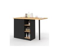 Ilot central CESAR 140 cm 5 personnes bois noir avec plan de travail façon hêtre