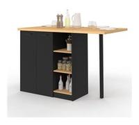 IDMarket - Ilot Central Cesar 140 cm 5 Personnes Bois Noir avec Plan de Travail façon hêtre