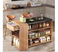 Îlot Central Cuisine 140cm Table de Bar avec Rangement 5 Niveaux et Tiroir Caché, Mange-Debout Chêne et Effet Marbre Noir 140x60x90