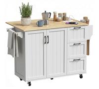 HOMCOM Îlot Central Cuisine Plateau Rabattable 134,5x75,2x90,5cm Blanc