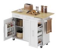 HOMCOM Îlot Central Cuisine Plateau Rabattable 129 x 65 x 91 cm Blanc