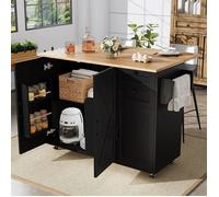 Îlot Central Cuisine Noir sur Roulettes avec Plateau Pliable Bois, Tiroirs et Meuble de Rangement 120 cm-Norevia