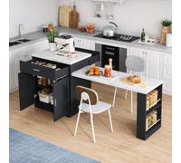 Îlot Central Cuisine sur Roulettes, Table Extensible 131-211 cm 2 à 6 Personnes, Meuble de Cuisine avec Plan de Travail et Rangement Double Niveau, Multiprise USB Intégrée, Noir et Marbre Blanc