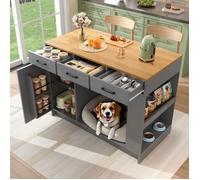 Îlot central de cuisine 120x60x90 cm - espace chien - 3 tiroirs et étagère réglable - MDF - naturel et gris