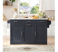 Ilot Central de Cuisine - 136x75x92cm - Desserte avec Plateau Rabattable Marbre Meuble Poubelle Prises - Gris Foncé