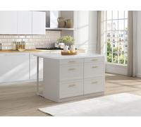 Ilot central de cuisine avec 6 tiroirs en MDF et métal - Beige et Effet marbre blanc - LASKINA