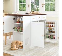 Ilot central de Cuisine avec rangement - plan de travail extensible 120 x 70 cm avec espace chat - 3 tiroirs et 3 portes - Blanc