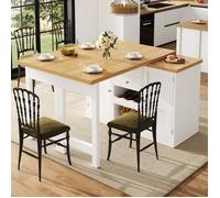 Îlot Central de Cuisine Extensible Table Bar Haute avec Plateau Pivotant à 360° Mange-debout et Porte-épices Intégré Blanc