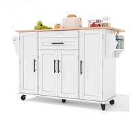 Îlot central de cuisine mobile - Blanc et naturel - plan de travail extensible 70 cm