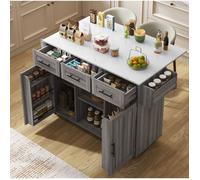 Îlot Central de Cuisine mobile VUENOR - 139 x 46 (71) x 91 5 cm gris - plateau rabattable 3 tiroirs et 2 portes