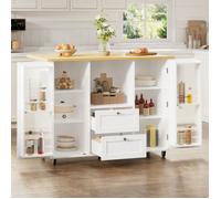 Îlot central de cuisine sur roulettes - SENVIRO - 120 x 45(70) x 92 cm plateau rabattable 2 tiroirs blanc et naturel