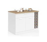 Ilot central GEORGE 120 cm avec range-bouteilles placard et tiroir bois blanc plan de travail façon hêtre