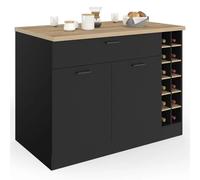 IDMarket - Ilot Central George avec Range-Bouteilles Placard et tiroir Bois Noir avec Plan de Travail façon hêtre