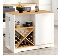 Table de bar îlot VITO 113 cm avec range-bouteilles bois blanc et plateau façon hêtre
