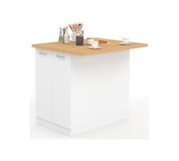 Ilot Central Ivo 120 Cm Blanc Avec Plan De Travail Façon Hêtre