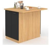 IDMarket Ilot central IVO 100 cm bois façon hêtre portes noires avec plan de travail