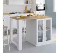Ilot central LINO 120 cm 2 personnes bois blanc et plan de travail façon hêtre et portes vitrées