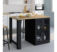 Ilot central LINO 120 cm 2 personnes bois noir avec plan de travail façon hêtre et portes vitrées