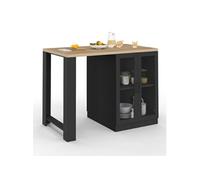 Ilot central LINO 120 cm 2 personnes bois noir avec plan de travail façon hêtre et portes vitrées