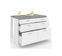 Ilot central mange-debout ORSO 120 cm casserolier 6 tiroirs blanc avec plan de travail effet béton