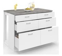 IDMarket - Ilot Central Mange-Debout Orso 120 cm casserolier 6 tiroirs Blanc avec Plan de Travail Effet béton
