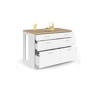 Ilot central mange-debout ORSO 120 cm casserolier 6 tiroirs blanc avec plan de travail façon hêtre