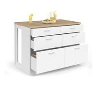 IDMarket - Ilot Central Mange-Debout Orso 120 cm casserolier 6 tiroirs Blanc avec Plan de Travail façon hêtre