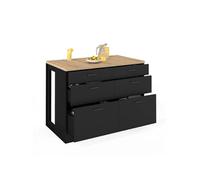 Ilot central mange-debout ORSO 120 cm casserolier 6 tiroirs noir avec plan de travail façon hêtre