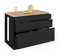 IDMarket Ilot central mange-debout Orso 120 cm – 6 tiroirs noir avec plan de travail façon hêtre