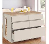 IDMarket - Ilot central mange-debout ORSO 120 cm casserolier | 6 tiroirs beige et plateau effet bois