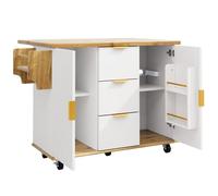 Îlot central mobile avec 2 tabourets de bar - plan extensible, prise intégrée, blanc aspect bois