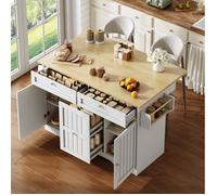 Îlot central mobile de cuisine 120 x 45(70) x 92 cm en MDF blanc et naturel, plateau rabattable et roulettes