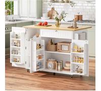 Îlot central mobile de cuisine 120 x 45(70) x 92 cm, plateau rabattable, 1 tiroir, 3 portes, MDF blanc et naturel