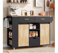 Îlot central mobile de cuisine 120 x 45/71 x 90 cm noir et naturel plateau rabattable 3 tiroirs roulettes verrouillables