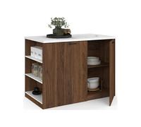 Ilot central TIBO 120 cm bois foncé effet noyer avec plan de travail effet marbre ALASKA