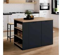 Ilot central TIBO 120 cm bois noir avec plan de travail façon hêtre