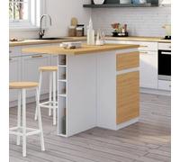 IDMARKET Ilot central TINO 120 cm avec range-bouteilles 4 personnes bois blanc avec plan de travail façon hêtre