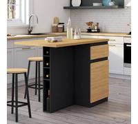 IDMarket - Ilot central TINO 120 cm avec range-bouteilles 4 personnes bois noir avec plan de travail façon hêtre